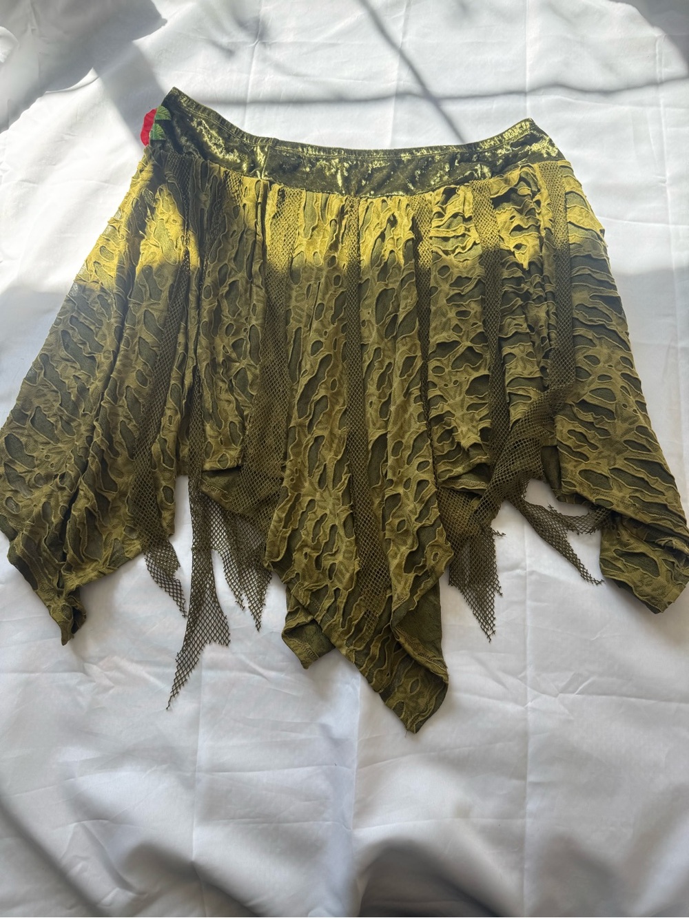 Olive Green Handkerchief Hem Skirt with Floral Accent - Picture 2 of 4